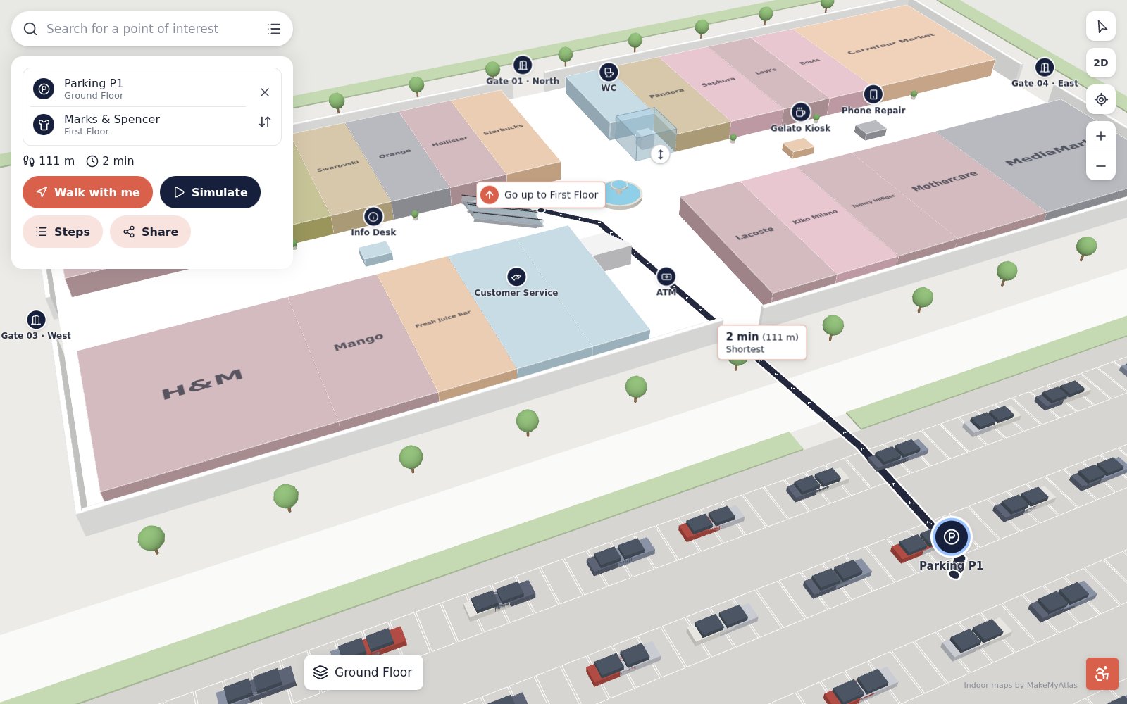 3D map of a shopping mall showing a route from the car park to a store on the first floor